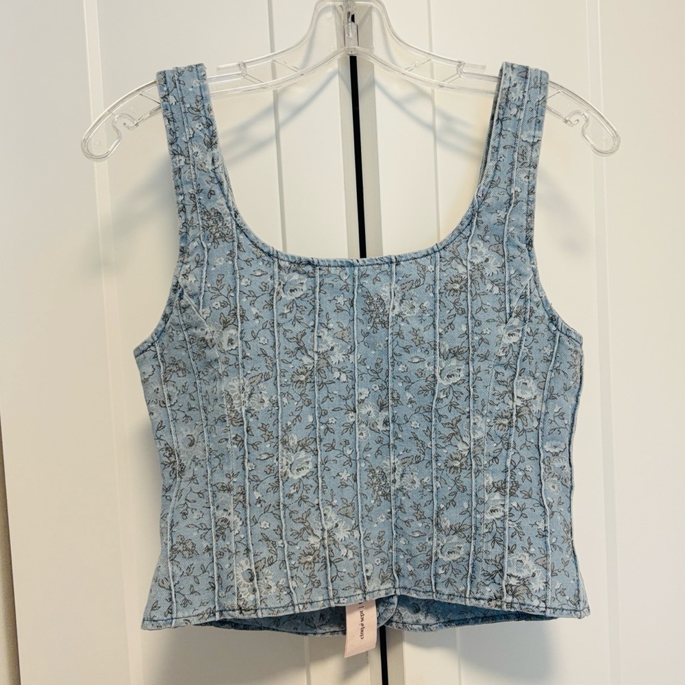 NWT [Cinq à Sept] Rowena Bouquet Floral Blue Denim Jean Button Vest Top Women’s - Picture 5 of 10